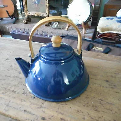 Blue Metal Enamel Teapot With Lid  And Wooden Handle  • £21.22