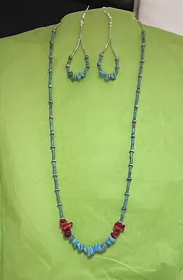 Navajo Turquoise And Coral Necklace /Earrings Set #717 • £28.50