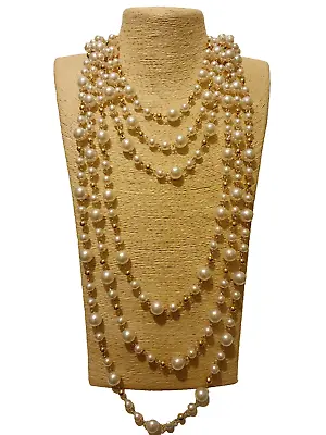 Statement Gold Beaded Faux Pearl Necklace Big Large Long Layered Multi Strand • £27.99