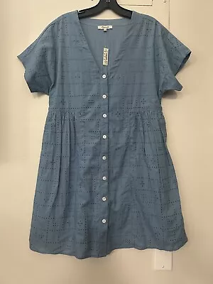 Madewell  Button Front V-Neck Mini Dress Lake Blue Eyelet Size Small • $45