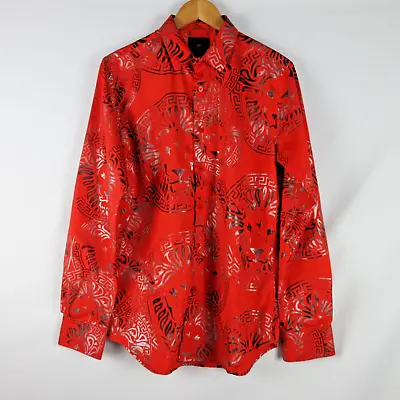 Platini Shirt Men Medium Red Button Up Metallic Lion Disco Latin Long Sleeve • $24.95