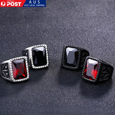 Titanium Carved Black Red Stone Biker Punk Domineering Stainless Steel Men Ring • $25.16