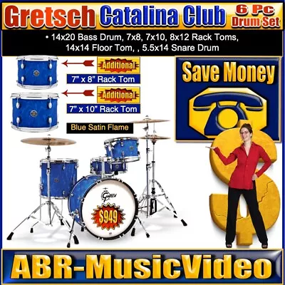Gretsch Catalina Club 5 Piece (20/8/10/12/14/14SN) Blue Satin Flame CT1-J404-BSF • $2018.30