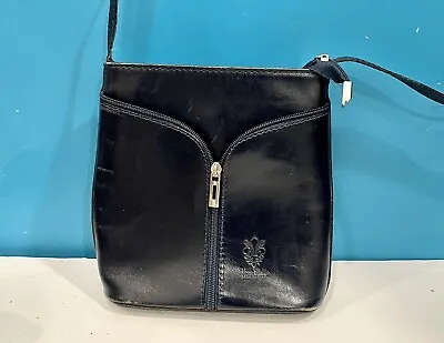 Vintage Vera Pelle Chic Italian Leather Designer Navy Crossbody Mini Bag • $23.16