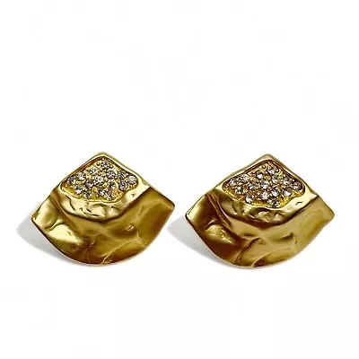 Vintage Kenneth Jay Lane KJL Matte Goldtone Sculptural Crystal Clip On Earrings • $49.99