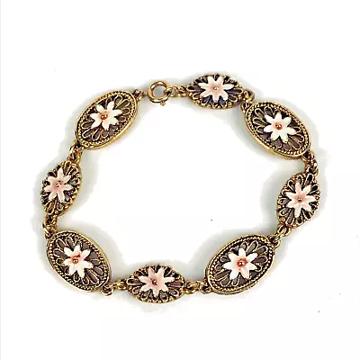 Vintage Delicate Oval Link Bracelet Goldtone Filigree Pink Enamel Flowers 6.75  • $12.98