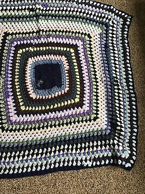 £12 • Buy Vintage Retro Large Handmade Crochet Granny Blanket Throw 46 X 43” Navy  Centre