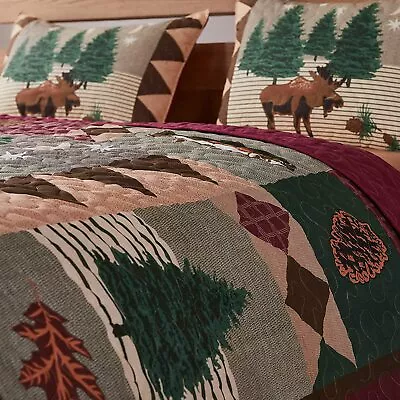 Cozy Tree / Pine / Leaf Snow Lodge Log Moose Cabin Rustic Quilt Set Full Queen • $156.32