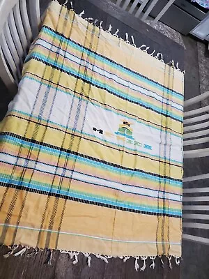 Vtg Mexican Serape Saltillo Blanket Woven Southwest MEXICO 52X50  W/fringe EUC • $12.99