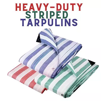 Coloured 170gsm Striped Tarpaulin Heavy Duty Market Stall Cover Tarp Sheet • £13.85