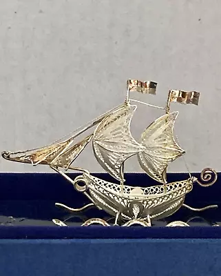 Miniature Filigree Sterling Silver Chinese Sail Boat In Glass Case • £30