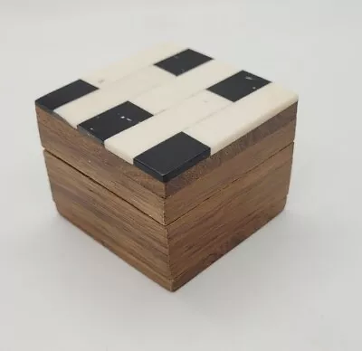 Bone Inlay Trinket Box Black & White Mosaic Lidded Hard Wood Hand Made Small 2  • $8.99