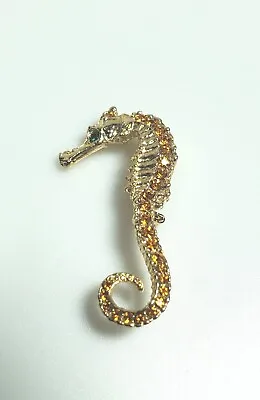 Gold Toned Vintage Seahorse Brooch Amber Rhinestone Green Eyes Ocean • $6.75