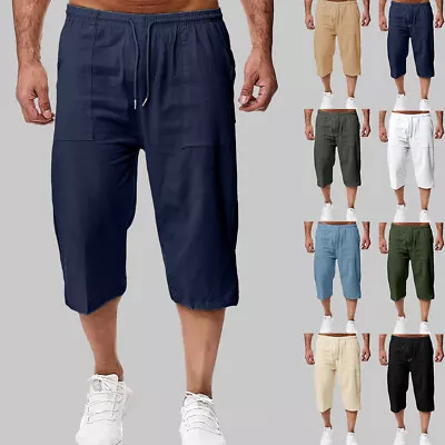 Mens 3/4 Length Linen Sports Shorts Elastic Waist Loose Casual Solid Capri Pants • $20.19