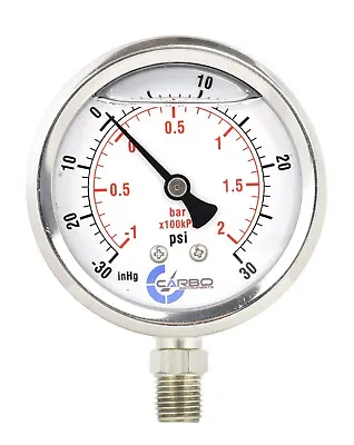 2-1/2  Vacuum Compound Gauge SS Case Liquid Filled Lower Mnt -30 Hg/+30 Psi • $14.45