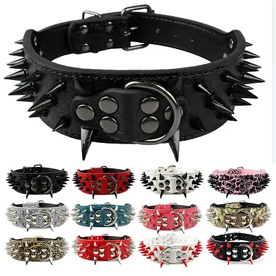 2  Wide Sharp Spiked Studded Leather Dog Collars For Pitbull Mastiff Labrador • $17.99
