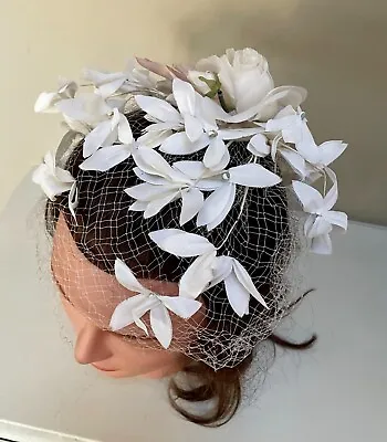 Vintage 'Mr. John' Caprice Lace Net & White Silk Flower Cap Hat~New York Paris • $24.75