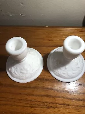 Pair Of Glass Satin Finish White Milk Glass Candlesticks • $12.99