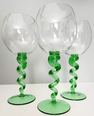 3 Crystal Wine Glasses Blown Green Twisting Stems Vintage 9'' • $24.95