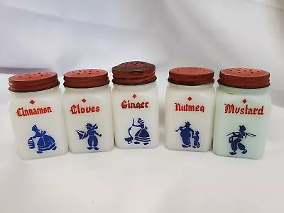 Vintage McGee Dutch Design Milk Glass Spice Jars With Red Lid Set Of 5 • $35