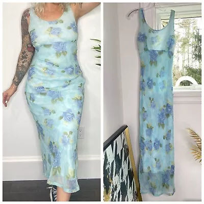 90s BYER TOO CALIFORNIA BLUE CRINKLE MAXI DRESS 11 PROM FORMAL • £56.05