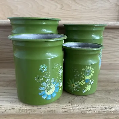 Vintage Kromex Nesting Canister Green Metal/ Plastic Flower Retro 1970’s Read • $20