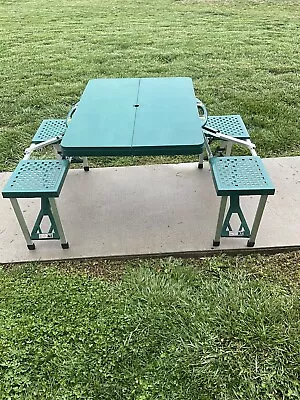 Vintage Green Folding Portable Suitcase 4 Seat Picnic Table W/ Umbrella Hole • $68.50