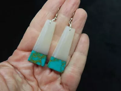 Vintage Two Tone Lucite Dangle W/Faux Turquoise Look Pierced Earrings • $13.49