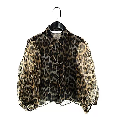 Zara Brown Black Leopard Print Cropped Collared Sheer Chiffon Shirt - Size S • £14