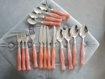 16 Piece Cutlery Set With Peach Coloured Handles • £25
