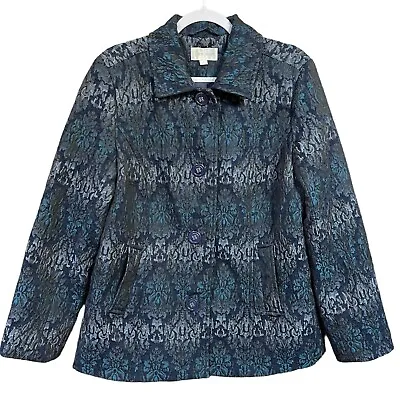 Erin London Womens Jacket Size Large Blue Ikat Print Button Front Pockets Coat • $24.95