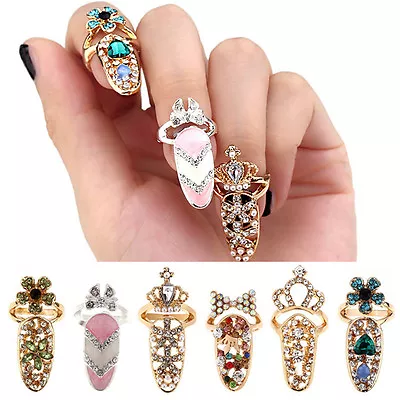 $2.53 • Buy Women Pretty Bowknot Nail Ring Charm Crown Flower Crystal Finger Nail Rings B`