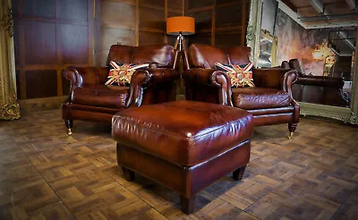 PAIR Of VICTORIAN STYLE ANTIQUE BROWN TAN LEATHER CHESTERFIELD CLUB CHAIRS STOOL • £1750