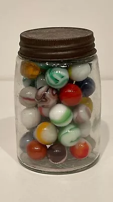 Vintage Jar Of Mixed Colored Glass Marbles Lot Of 48 Marbles Various Sizes • $9.99
