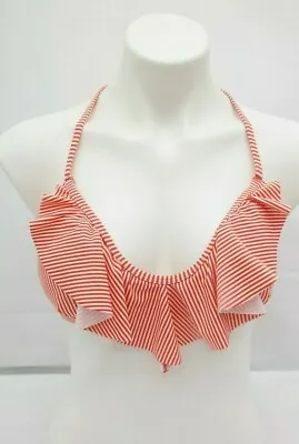 Women's Red & White Striped Castaway Ruffled T-back Bikini Top Size Medium  TF • $16.79