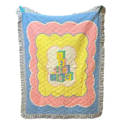 Vtg Baby Blanket ABC 123 Blocks Pink Blue Yellow Quilted Crib Bedding 34  X 45  • $24.89