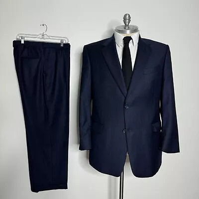 Hart Schaffner & Marx Suit Mens Blue Stripe 100% Wool 46R 36W • $79.99