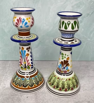 Two Talavera Art Pottery Candle Stick Holders Pair Puebla Mexico Floral 7.5  • $45