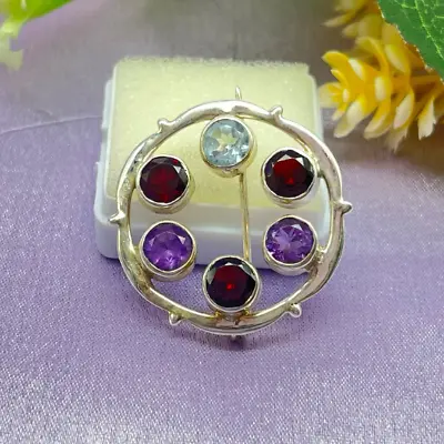 Vintage Silver Brooch Amethyst & Garnet 925 Sterling Silver Gemstone Brooch Gift • $26.53