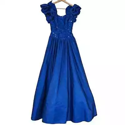 Vintage Mike Benet Formals Cobalt Blue Ruffle Sleeve Sequin Ball Gown • $54.99