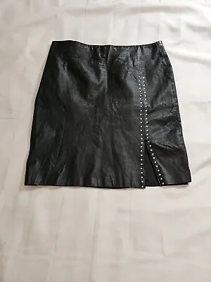 Venezia Black Leather Skirt  Studded Slit Lined Size 14   • $26