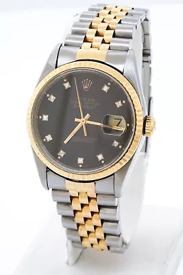 Rolex 16233 Datejust 18k + SS Black Textured Diamond Dial Automatic Mens Watch • $5999