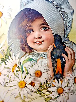 Victorian Art Print Daisy Girl Blackbird Lithograph 1907 Maud Humphrey Original • $28.90