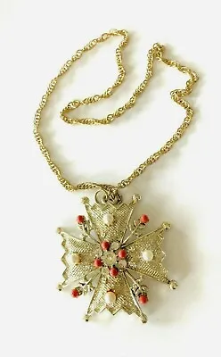 Maltese Cross Necklace Faux Pearl And Faux Coral Cabs Gold-tone • $14