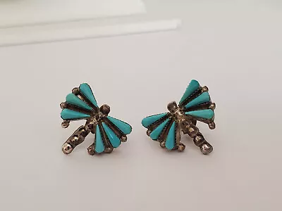 VTG Native American Zuni? Petit Point Sterling & Turquoise Dragonfly Earrings • $44