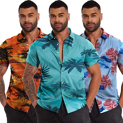 Men's Hawaiian Shirt Floral Palm Tree Sunset Surf Beach Sea Holiday Stag Dance • £17.99