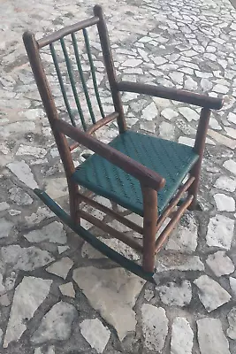 Rustic Old Hickory Adult Rocking Arm Chair Adirondack Original Green Paint VG • $290