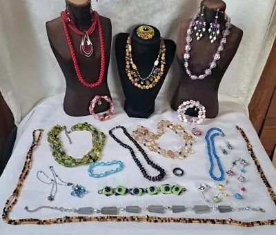 Vintage Glass Stone Jewelry Lot Murano Bead Bracelet Necklaces Earrings Amethyst • $12.50