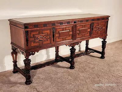 Antique 1920s WILLIAM & MARY Gothic Walnut Oak Inlaid Sideboard Locking W/Key • $1950