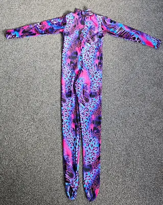 Purple Animal Print Shiny Long Sleeved Highneck Catsuit Unitard Size 1C Age 7-8 • £14.20